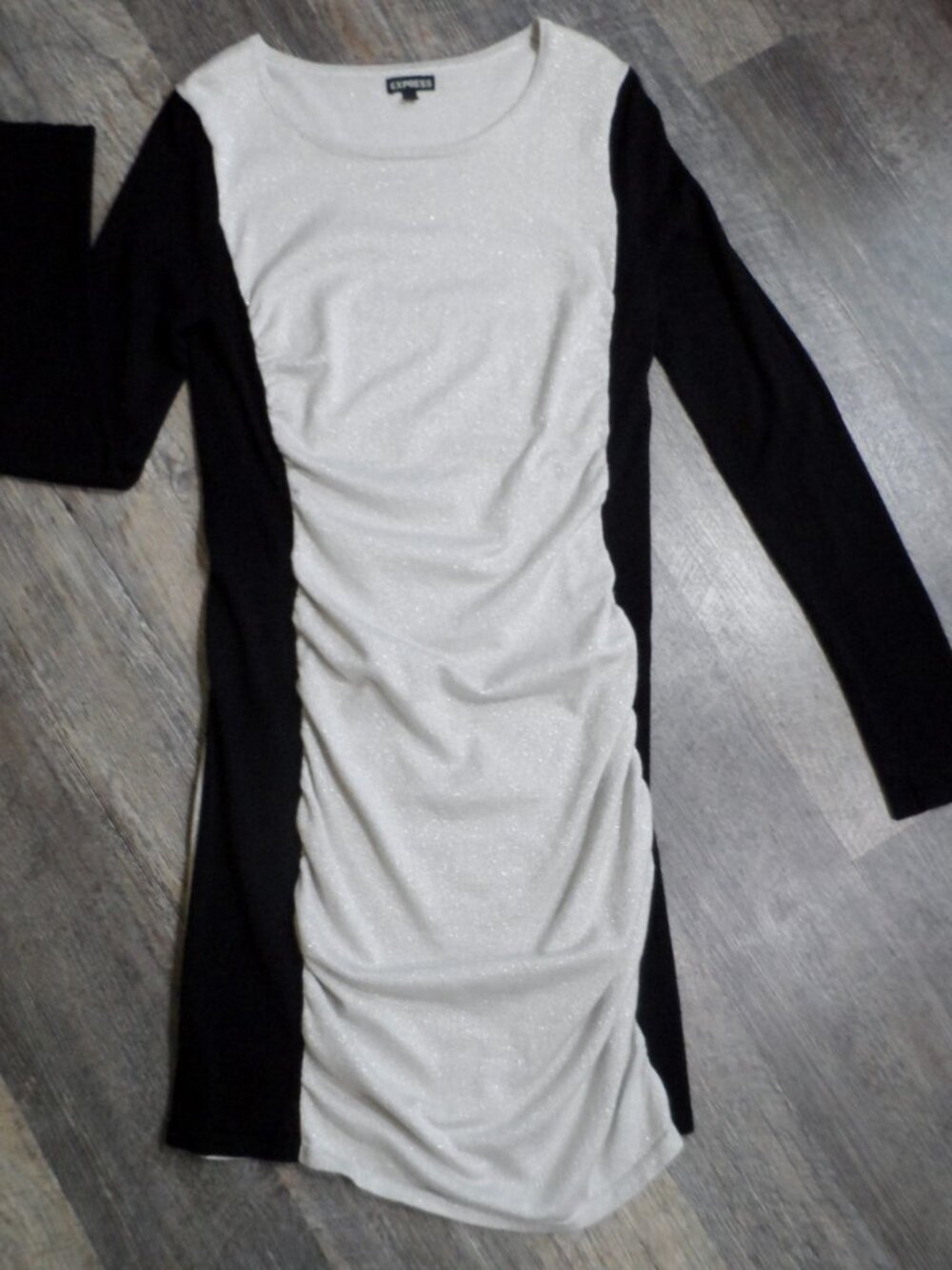 Express Bodycon Ruched Sweater Dress Silver & Black Long Sleeve Sz Lg